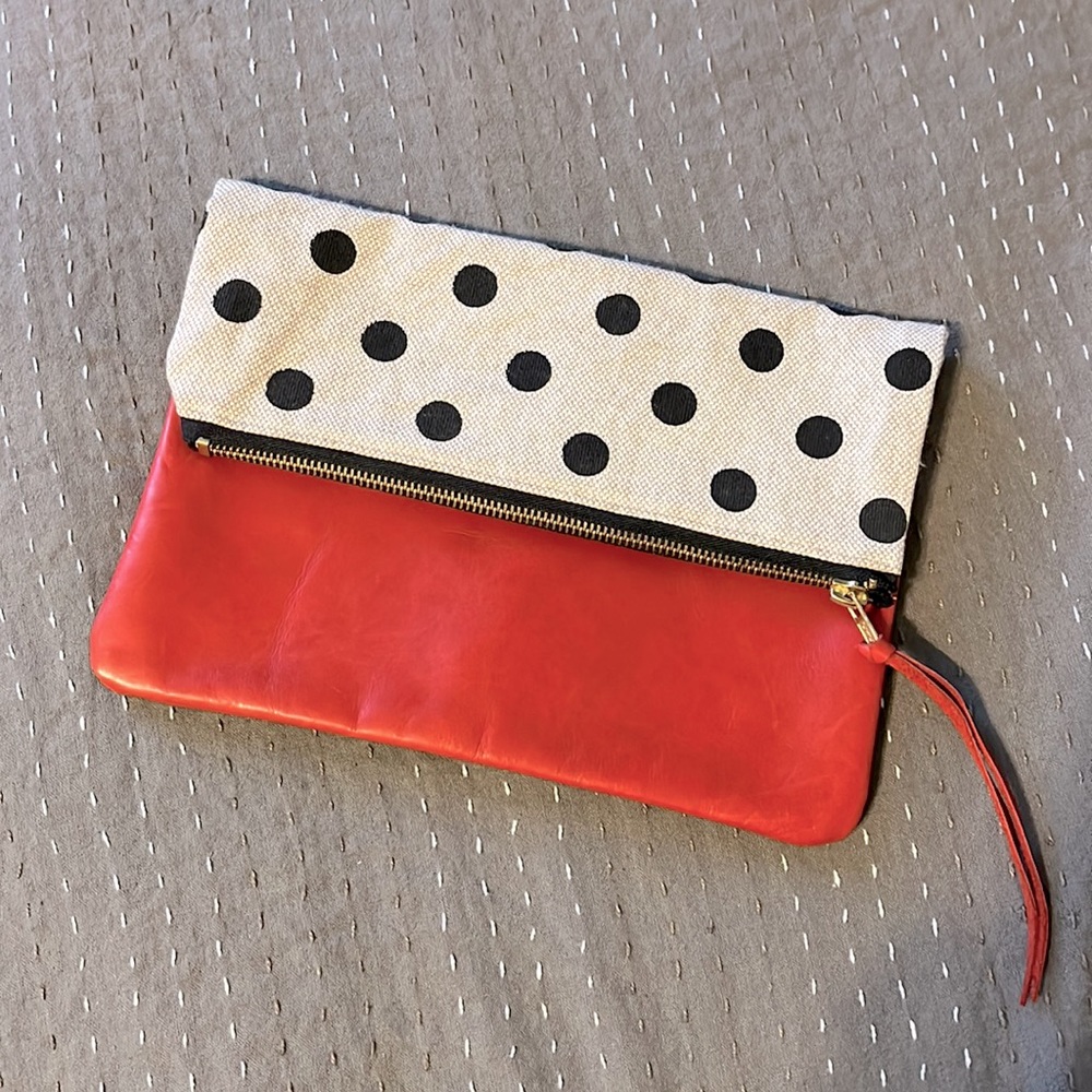 CLEARANCE SALE: EUC Two Tickets Red Leather & Canvas Polka Dot Clutch
